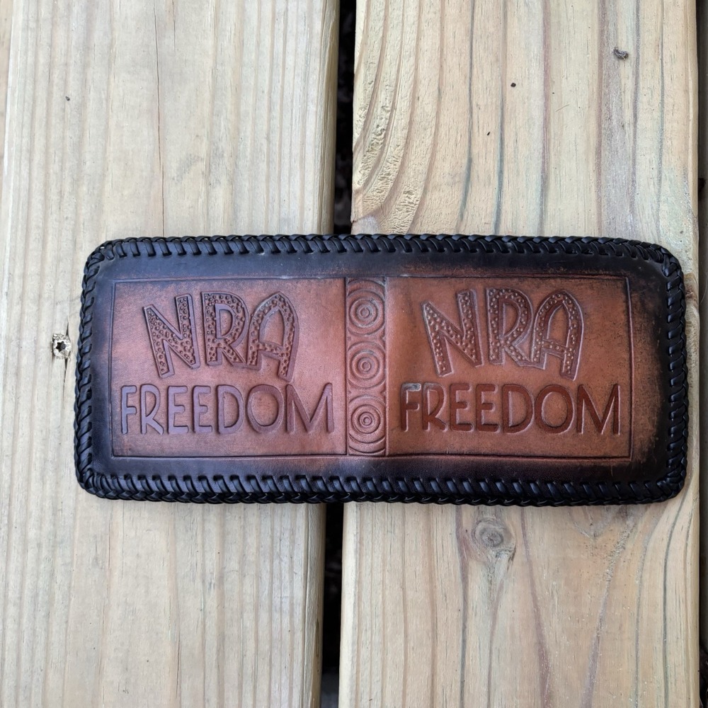Vintage Leather Wallet Bifold Whipstitch Hand Tooled USA Made NRA Freedom